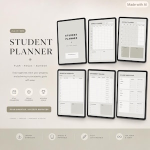 Può includere: Un set di pianificatori digitali per studenti con sei schermi di tablet che mostrano vari modelli, tra cui un pianificatore settimanale, mensile, una panoramica del semestre, un tracker dei compiti e un riepilogo dei corsi.