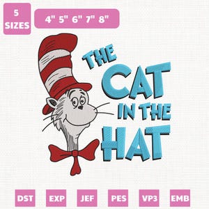 May include: An embroidered design of the Cat in the Hat, with a red and white striped hat and a red bow tie. The text "THE CAT IN THE HAT" is in blue. Available in 5 sizes, from 10 cm to 20 cm.