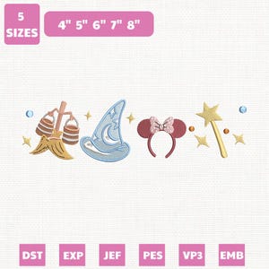 Peut inclure: Motif brodé avec un balai, un chapeau de sorcier, des oreilles de Minnie Mouse et une baguette magique. Le motif comprend du texte indiquant cinq tailles, allant de 10,16 cm à 20,32 cm. Le motif est dans différents formats de fichiers.