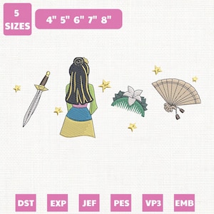 May include: An embroidery design featuring a sword, a woman from behind, a hair comb with a flower, a fan, and star shapes. The design is available in 5 sizes: 4", 5", 6", 7", and 8". The design is available in DST, EXP, JEF, PES, VP3, and EMB formats.