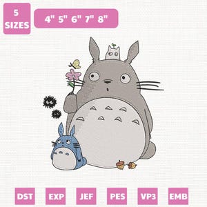May include: An embroidery design featuring a large gray Totoro character holding a flower, with a smaller blue Totoro and other characters. The design includes the text "5 SIZES" and sizes from 4" to 8".