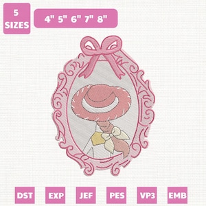 May include: Pink embroidery design featuring a cartoon character in a pink frame with a bow. The design includes the text "5 SIZES" and size measurements of 10cm, 13cm, 15cm, 18cm, and 20cm. The design also includes the file types DST, EXP, JEF, PES, VP3, and EMB.