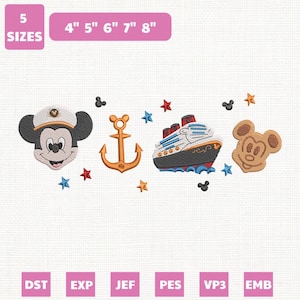 May include: Embroidered designs featuring a smiling Mickey Mouse in a captain's hat, an anchor, a cruise ship, and a Mickey Mouse head. The designs are available in 5 sizes, ranging from 4" to 8".