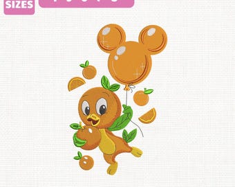 May include: An orange bird character with a balloon in the shape of Mickey Mouse ears. The bird is holding an orange and has green leaves. The image includes the text "5 SIZES" and sizes from 4" to 8". Embroidery file formats are listed at the bottom.