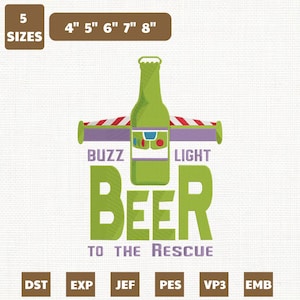 Könnte beinhalten: Ein grünes Flaschendesign mit dem Text "BUZZ LIGHT BEER TO THE RESCUE". Das Design beinhaltet eine Flasche mit Flügeln und dem Text "5 GRÖSSEN" und den Größen 10 cm, 13 cm, 15 cm, 18 cm und 20 cm.