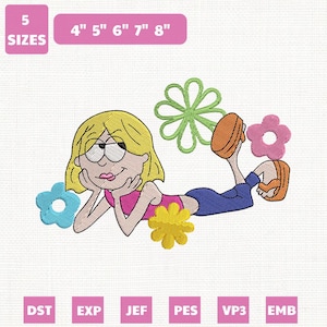 Puede incluir: Un diseño de bordado con una chica de dibujos animados con una camiseta rosa y pantalones azules, rodeada de flores de colores. El diseño está disponible en 5 tamaños, de 10,16 cm a 20,32 cm. Incluye formatos de archivo DST, EXP, JEF, PES, VP3 y EMB.