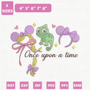 May include: An embroidery design featuring a green chameleon, a braided hair design with a pink bow, and a pair of purple mouse ears with a bow. The text "Once upon a time" is included. The design is available in 5 sizes, ranging from 4" to 8".
