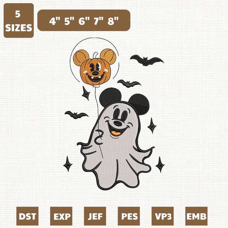 May include: An embroidery design featuring a ghost character with round ears holding a pumpkin balloon with round ears. The design includes small bats and star shapes, with text indicating 5 sizes from 4 inches to 8 inches and file formats DST, EXP, JEF, PES, VP3, and EMB.