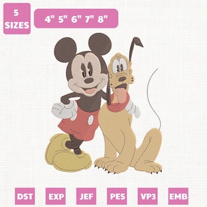 Könnte beinhalten: Gesticktes Design mit Micky Maus und Pluto. Micky trägt rote Shorts und gelbe Schuhe, Pluto hat ein rotes Halsband. Das Design enthält den Text "5 SIZES" und Größenangaben von 10 cm bis 20 cm. Dateiformate: DST, EXP, JEF, PES, VP3 und EMB.