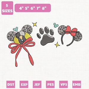 May include: An embroidery design featuring a paw print, mouse ears with a red bow, and mouse ears with a bow and a bee. The design includes the text "5 SIZES" and measurements from 4" to 8". The design is available in multiple file formats.