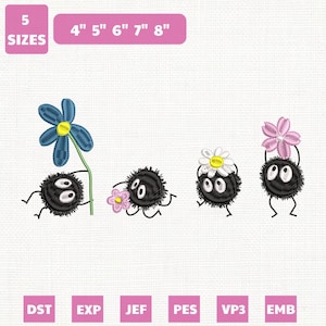 May include: An embroidery design featuring four black, fuzzy characters with large eyes, each holding a flower. The flowers are blue, pink, and white. The design is available in 5 sizes, ranging from 4" to 8".