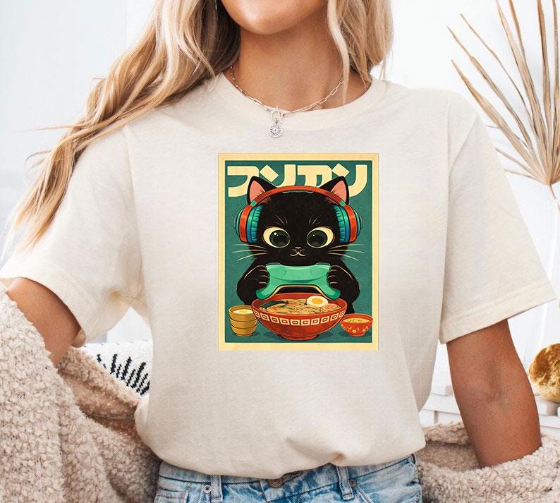 Kawaii Anime Cat Ramen Japanese Graphic Tees Men Women PNG Digital ...