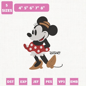 May include: An embroidered design of Minnie Mouse in a red polka dot dress, brown shoes, and a matching bow. The image includes the text "DISNEY" and size options from 4" to 8".