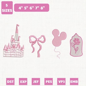 May include: Pink embroidery designs featuring a castle, bow, Mickey Mouse-shaped balloon, and a rose in a glass dome. Includes sizes 4", 5", 6", 7", and 8". The image also displays file types DST, EXP, JEF, PES, VP3, and EMB.