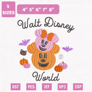 May include: An embroidery design featuring the text Walt Disney World with two stacked pumpkin characters resembling mouse ears. The top pumpkin is pink with an orange bow, and the bottom is orange. Includes small bats, a cat, and pumpkins. 5 sizes: 4, 5, 6, 7, 8 inches.