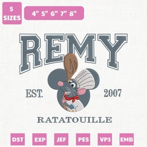 Peut inclure: Un motif de broderie avec le mot "REMY" au-dessus d'un chef de dessin animé tenant une cuillère. Le motif comprend le texte "EST. 2007" et "RATATOUILLE". Le motif est disponible en 5 tailles: 10 cm, 13 cm, 15 cm, 18 cm et 20 cm.