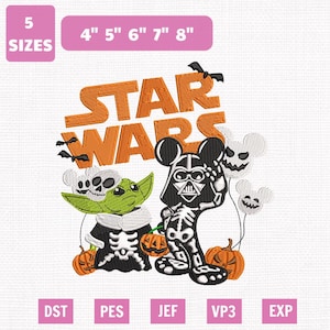 May include: An embroidery design featuring the orange text STAR WARS above a green character in a skeleton costume and a black character in a skeleton costume with mouse ears. Includes orange pumpkins, white ghost balloons, and bats. Available in 10, 13, 15, 18, and 20 cm sizes.