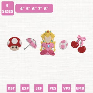 以下が含まれることがあります： 赤いキノコ、ピンクの傘、ピーチ姫、白とピンクのドット柄のボール、ピンクのリボンが付いたサクランボを特徴とする刺繍デザインセット。 デザインは、10 cmから20 cmまでの5つのサイズで利用できます。