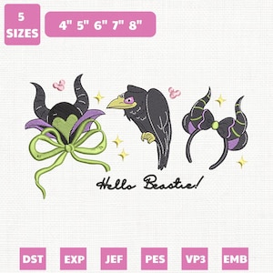 May include: An embroidery design featuring three elements: a horned headdress, a raven, and a horned headband. The design includes the text "Hello Beastie!" and is available in 5 sizes: 4", 5", 6", 7", and 8".