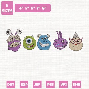 May include: Embroidered designs featuring five cartoon monster faces in various colors. The designs are available in five sizes, ranging from 4 to 8 inches. The image also displays various file formats: DST, EXP, JEF, PES, VP3, and EMB.