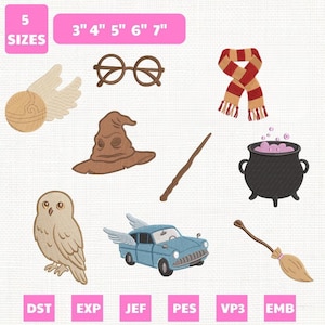 May include: A collection of wizard-themed machine embroidery designs including a winged ball, round glasses, a striped scarf, a pointed hat, a wand, a black cauldron with pink bubbles, an owl, a flying blue car, and a broomstick in 3" to 7" sizes.