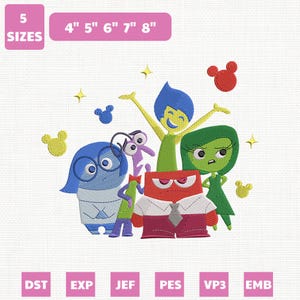 May include: An embroidered design featuring characters from the movie "Inside Out". The design includes Joy, Sadness, Fear, Anger, and Disgust, with the text "5 SIZES" and sizes ranging from 4" to 8". The design also includes file type abbreviations.