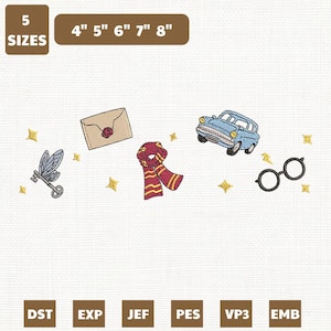 Peut inclure: Motifs brodés comprenant une clé volante, une enveloppe avec un sceau de cire, une écharpe, une voiture bleue et des lunettes rondes. L'image comprend du texte indiquant cinq tailles : 10 cm, 13 cm, 15 cm, 18 cm et 20 cm.