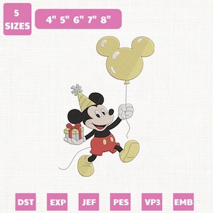May include: An embroidered design of a cartoon mouse holding a balloon and a gift. The mouse wears a party hat and red shorts. The design is available in 5 sizes: 10cm, 13cm, 15cm, 18cm, and 20cm.