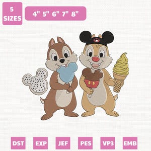 May include: An embroidery design featuring Chip and Dale, each holding treats. One holds a blue ice cream, the other a Mickey Mouse-shaped ice cream. The design includes the text "5 SIZES" and sizes from 4" to 8".
