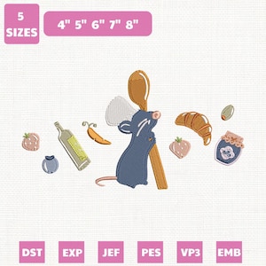 Puede incluir: Un diseño de bordado con un ratón azul que lleva un gorro de chef blanco y sostiene una cuchara de madera, rodeado de una botella, zanahoria, fresa, arándano, cruasán y tarro de mermelada. Texto: 5 SIZES, 4" 5" 6" 7" 8", DST, EXP, JEF, PES, VP3, EMB.