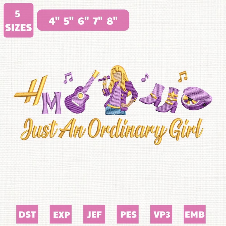 May include: An embroidered design featuring the text "HM" and "Just An Ordinary Girl" in gold. The design includes a purple guitar, a singer with a microphone, boots, and a hat. Available in 5 sizes, from 4" to 8" in width.