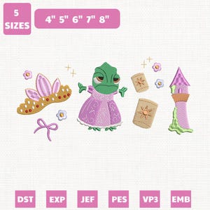 May include: Embroidered designs featuring a green chameleon in a purple dress, a gold crown, a bow, two lanterns, and a tower. The image includes text indicating 5 sizes: 4", 5", 6", 7", and 8". Also includes file type abbreviations.