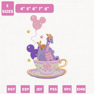 May include: An embroidered design featuring a purple dragon character seated in a teacup. The teacup is decorated with a heart and floral design. A pink Mickey Mouse balloon floats above the dragon. The design is available in 5 sizes, from 4" to 8".