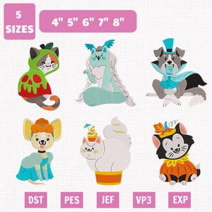 Puede incluir: Seis diseños de bordado a máquina con animales disfrazados: un gato con sudadera de manzana envenenada, una criatura turquesa, un perro con sombrero de copa, un chihuahua con vestido azul, un gato en una copa de helado y un gato calabaza. 5 tamaños: 10, 13, 15, 18, 20 cm.