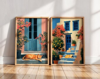 Set di 2 stampe artistiche mediterranee, stampe murali con gatti arancioni, poster di villaggi greci (download digitale)