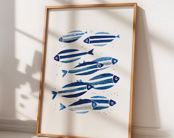 Impressão de peixe listrado azul náutico, arte de parede costeira com tema oceânico, aquarela para casa de praia (download digital)