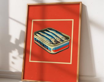 Popkonst-sardinertryck, retro köksväggkonst, matposter från mitten av århundradet (digital nedladdning)