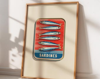 Sardine Can Art Print, Retro Kitchen Wall Decor, Vintage Food Poster (Digital Download)