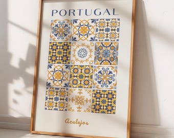 Portugal Azulejos Tile Print, Mediterranean Travel Poster, Blue Yellow Wall Art (Digital Download)
