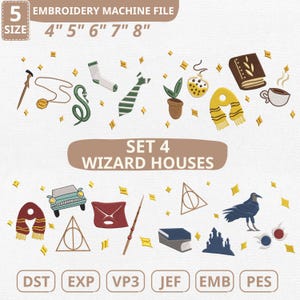 May include: An embroidery machine file set featuring various wizard-themed designs. Includes a walking stick, a snake, a sock, a tie, a plant, a golden snitch, a book, a scarf, a cup of coffee, a car, an envelope, a wand, a raven, and a castle. The file sizes are 4", 5", 6", 7", and 8".