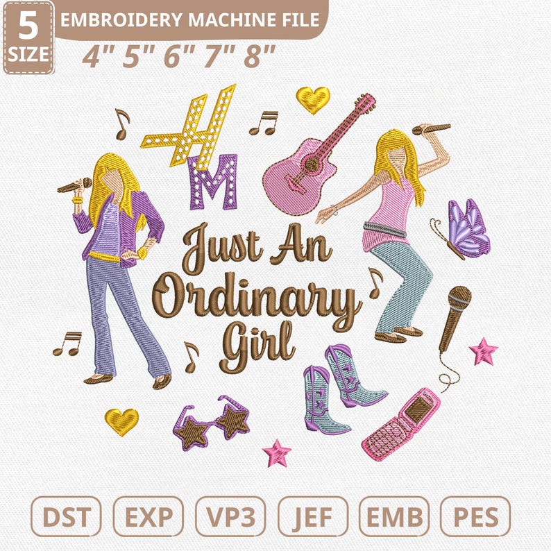 Puede incluir: Un dise&ntilde;o de archivo de m&aacute;quina de bordar con una mujer rubia cantando, una guitarra rosa y el texto "Just An Ordinary Girl". Otros elementos incluyen notas musicales, una mariposa y un tel&eacute;fono m&oacute;vil. Disponible en tama&ntilde;os de 10 cm a 20 cm.