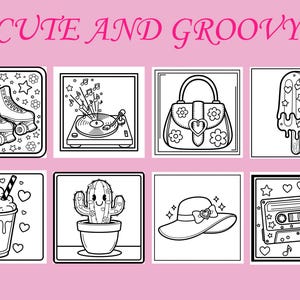 Op de afbeelding: Zwart-wit illustraties van rolschaatsen, een platenspeler, een handtas, een ijsje, een milkshake, een cactus, een hoed en een cassettebandje. De tekst "CUTE AND GROOVY" staat bovenaan.