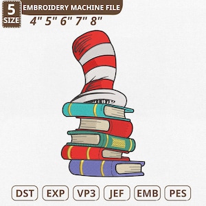 May include: An embroidery machine file design showing a stack of books topped with a red and white striped hat. The design includes the text "EMBROIDERY MACHINE FILE" and size options from 10 cm to 20 cm. File types include DST, EXP, VP3, JEF, EMB, and PES.