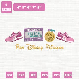 Può includere: Design ricamato con due scarpe da corsa rosa, un pettorale da maratona e una medaglia d'oro con un design di Topolino. Il testo "Run Disney Princess" è in oro. Include taglie da 10,16 cm a 20,32 cm.