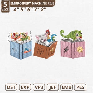May include: An embroidery machine file featuring three open books with embroidered cartoon characters. The books are blue, brown, and pink, with characters including a mouse, pig, and chameleon. The file sizes are 4", 5", 6", 7", and 8". The text "EMBROIDERY MACHINE FILE" is at the top.