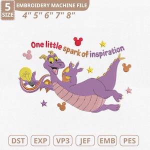 May include: An embroidery machine file featuring a purple dragon with a lightbulb and the text "One little spark of inspiration." The design includes Mickey Mouse-shaped icons and stars. Available in sizes 4" to 8".