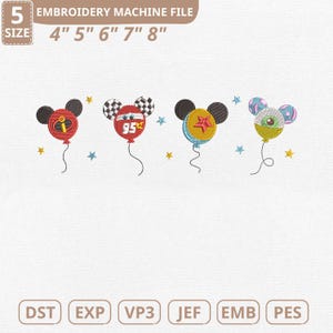 May include: An embroidery machine file featuring four cartoon balloon designs. Each balloon has a Mickey Mouse head shape and is decorated with different patterns and colors. The file sizes range from 4 to 8 inches. The text "EMBROIDERY MACHINE FILE" is at the top.
