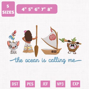 May include: An embroidery design featuring a pig, a rooster, a person with a paddle, a sailboat, and a coconut character with the text "the ocean is calling me". The design is available in 5 sizes: 4", 5", 6", 7", and 8" and file formats DST, PES, JEF, VP3, and EXP.
