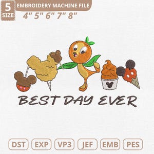 Può includere: Un file per macchina da ricamo con un personaggio arancione dei cartoni animati e coni gelato. Il testo "BEST DAY EVER" è sotto i personaggi. Le dimensioni dei file sono 10,16 cm, 12,7 cm, 15,24 cm, 17,78 cm e 20,32 cm.