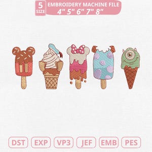 May include: An embroidery machine file featuring five ice cream designs. The designs include a Mickey Mouse-shaped popsicle, an ice cream cone, a Minnie Mouse-shaped popsicle, a bite-taken popsicle, and a monster-themed ice cream cone. The file sizes are 4", 5", 6", 7", and 8".